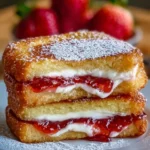 Stacked fried strawberry cheesecake sandwiches with cream filling and jam