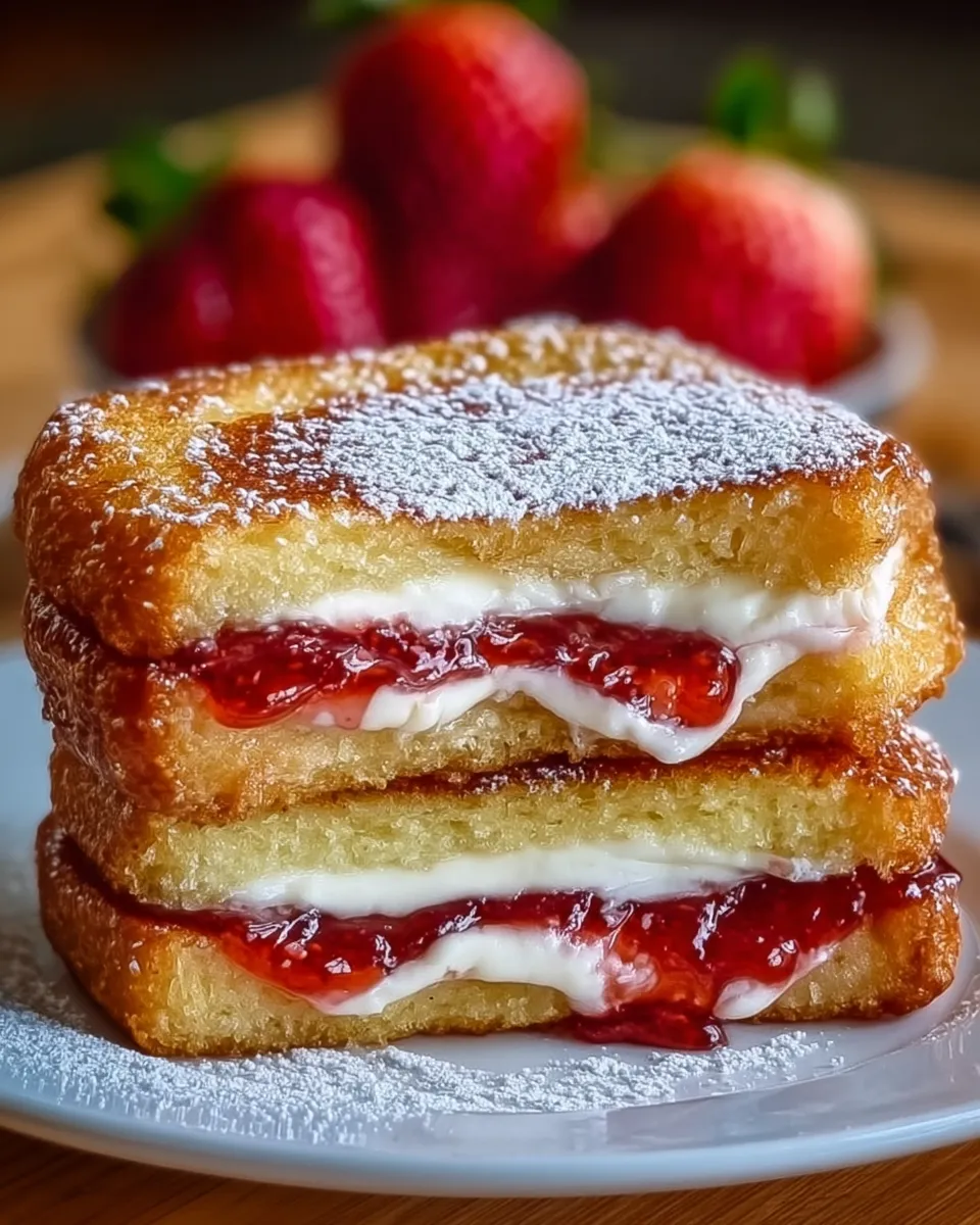 Golden fried strawberry cheesecake sandwich with creamy filling and jam