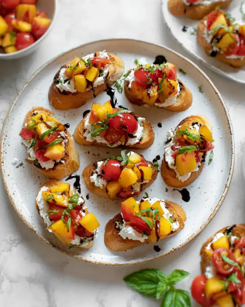Peach bruschetta with whipped ricotta, cherry tomatoes, basil, and balsamic glaze on toasted baguette slices.