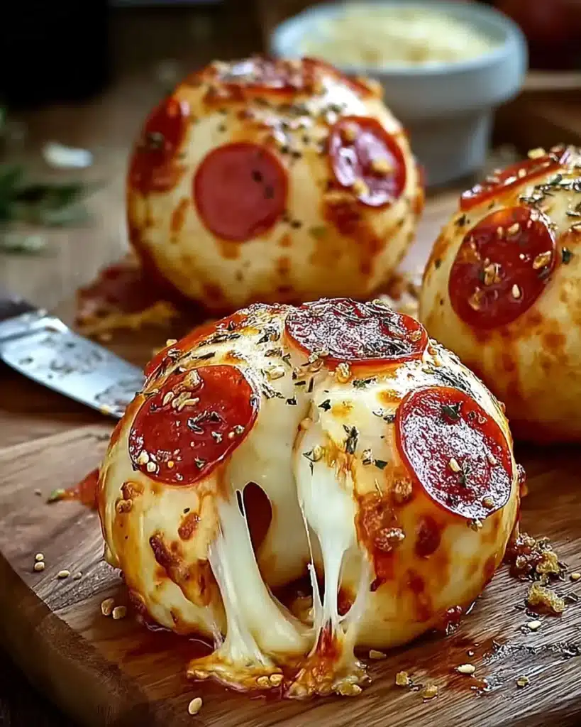 Freshly baked pizza bombs with gooey cheese and pepperoni topping