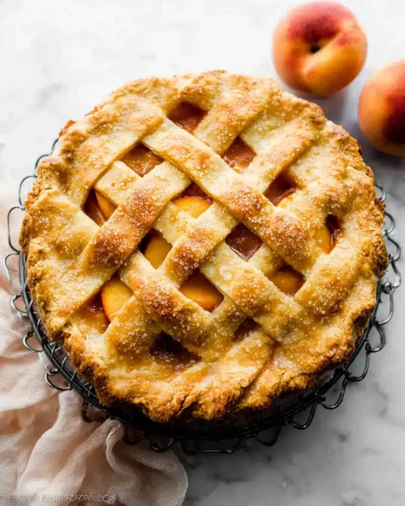 Fresh Peach Pie Recipe with Golden Lattice Crust and Sugar Topping