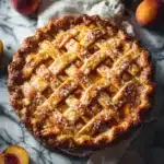 Homemade peach pie with golden lattice crust and coarse sugar topping
