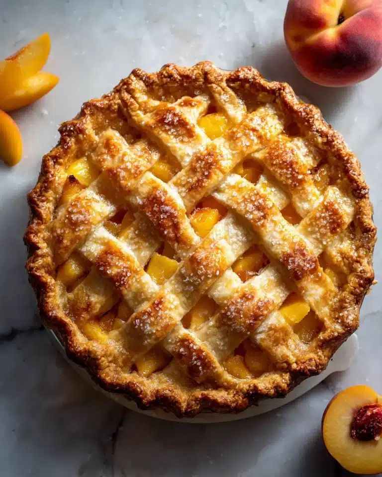 Golden lattice peach pie with flaky crust and fresh peach filling