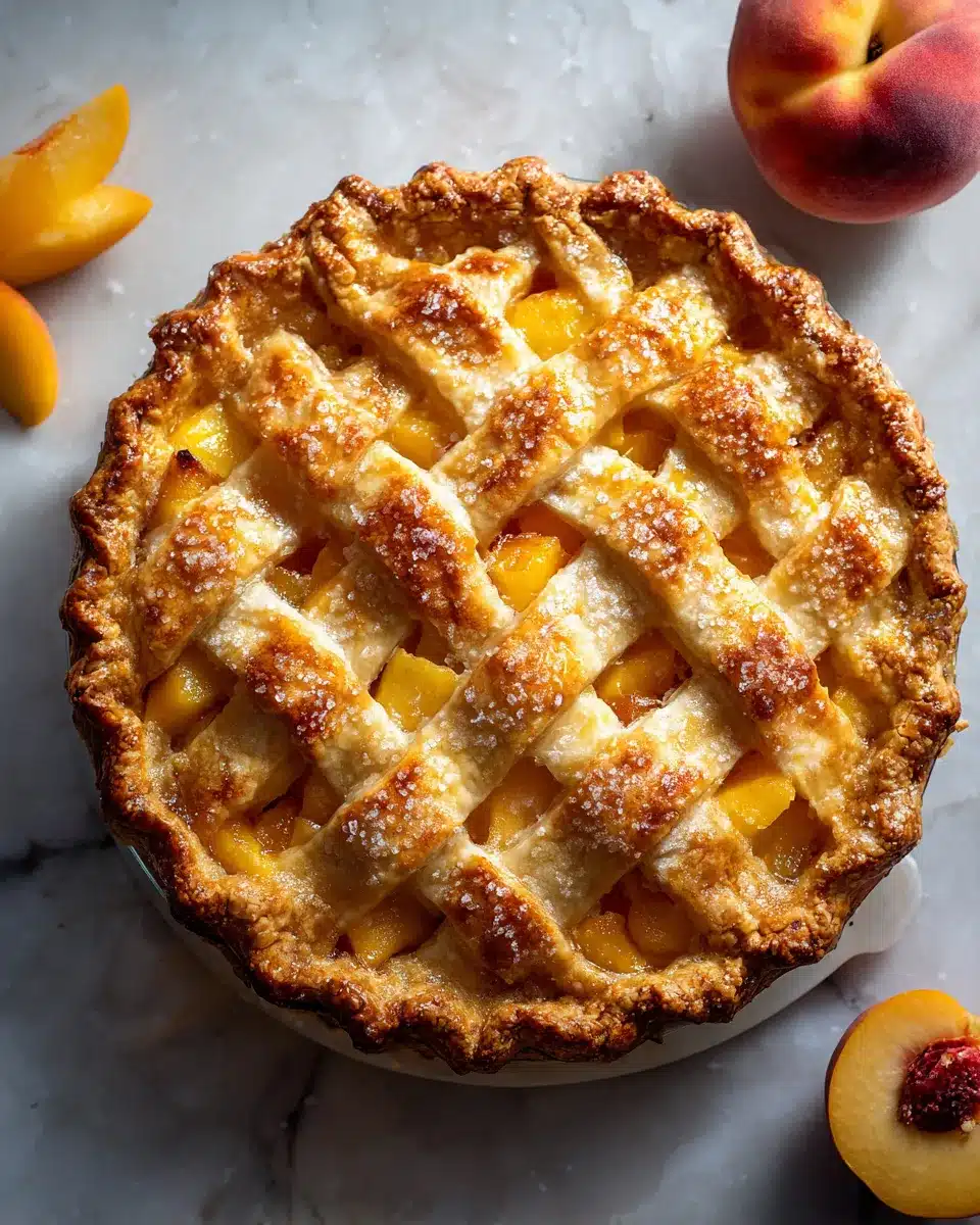 Golden lattice peach pie with flaky crust and fresh peach filling