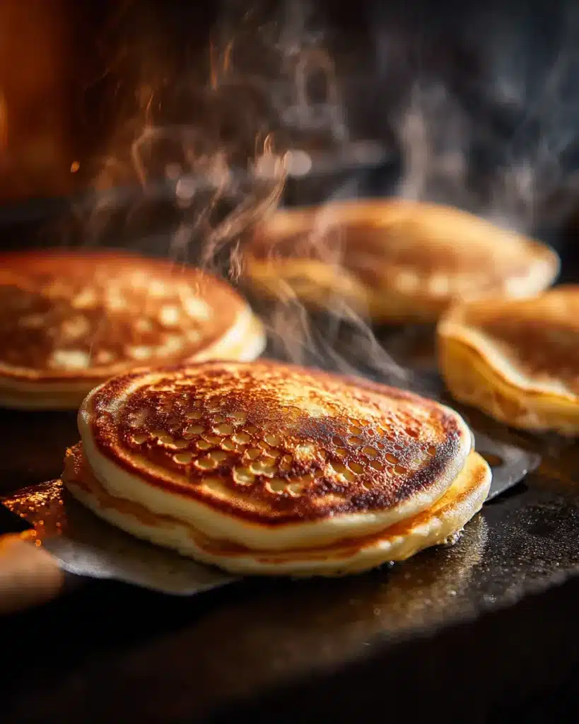 Golden Bisquick pancakes cooking on a hot griddle with steam rising — a delicious shot from The Ultimate Bisquick Pancake Recipe.