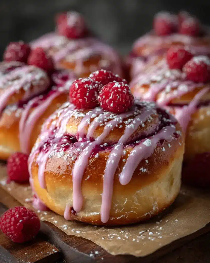 Close-up of Sweet Baked Raspberry Buns with pink icing and powdered sugar.