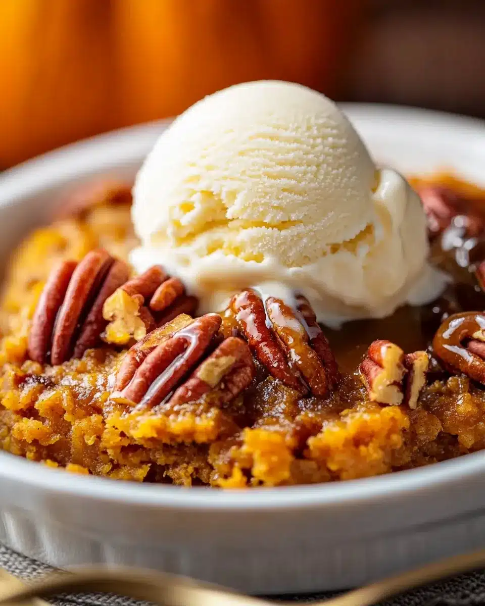 Pumpkin pecan cobbler in ramekin topped with ice cream and caramel drizzle