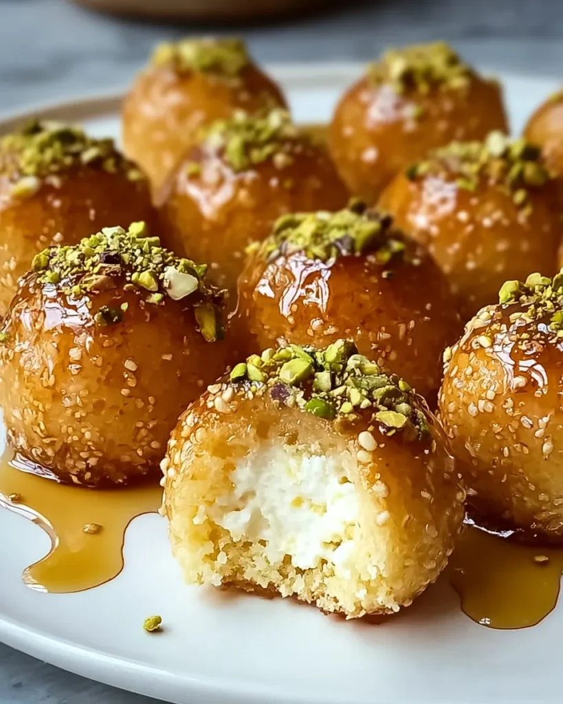 Close-up of honey-drizzled ricotta bites topped with pistachios and sesame seeds