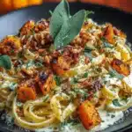 Butternut squash pasta with sage cream sauce and toasted nuts