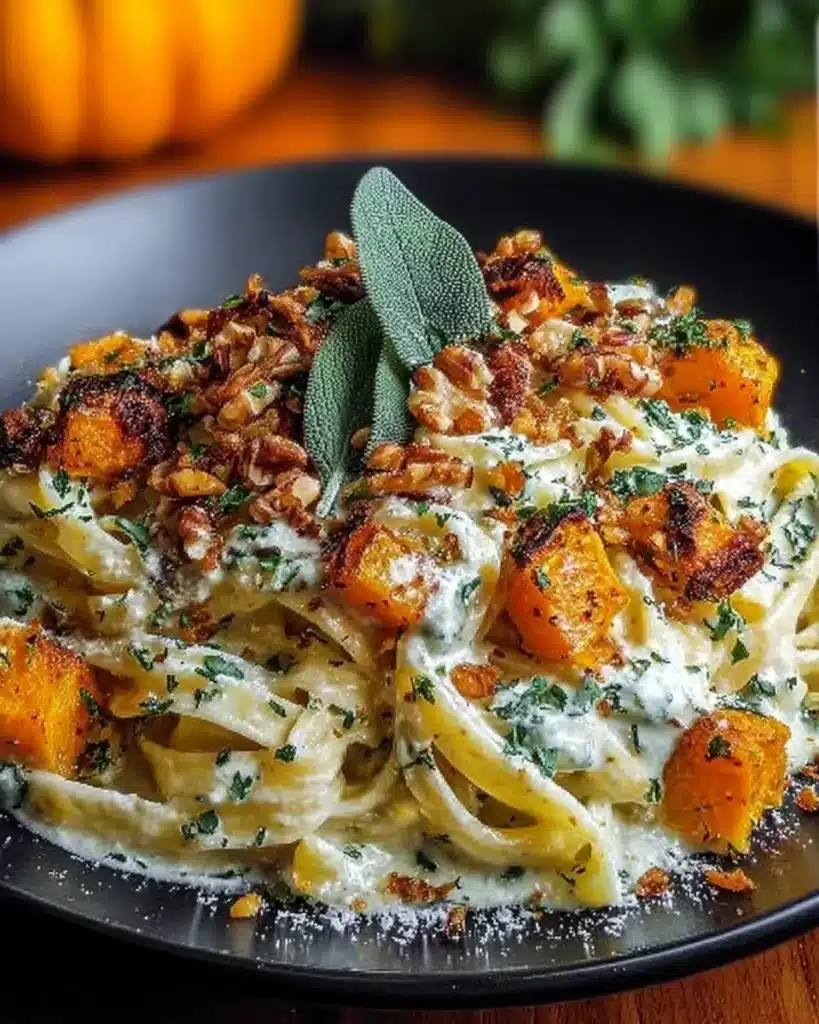 Savory Butternut Squash & Sage Pasta with creamy sage sauce and toasted walnuts