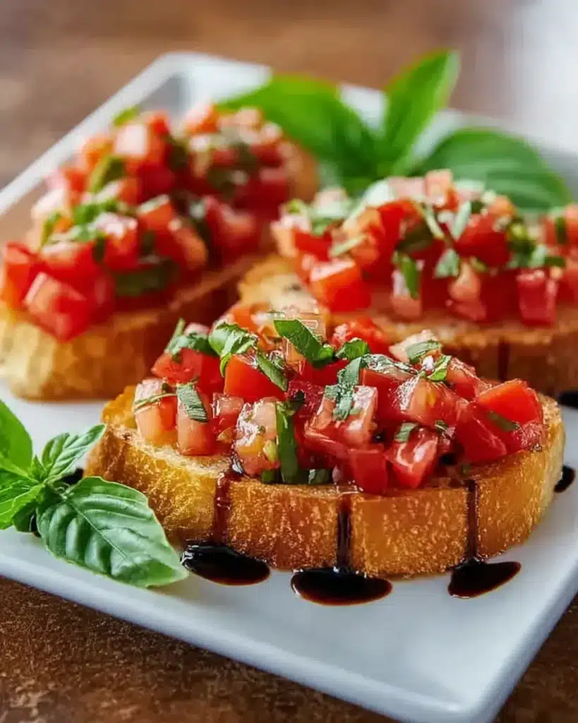 Homemade tomato bruschetta on baguette with fresh basil and balsamic