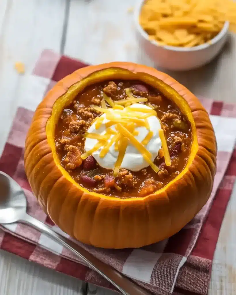 Pumpkin chili with ground meat, beans, and cheese in mini pumpkin bowl
