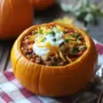 Pumpkin chili served in roasted pumpkin bowl topped with sour cream and cheese