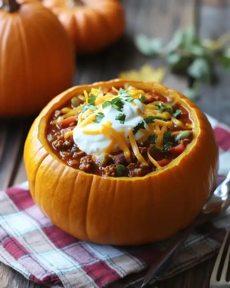 Pumpkin chili served in roasted pumpkin bowl topped with sour cream and cheese