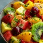 Colorful Mexican fruit salad with mango, kiwi, watermelon, and chile lime dressing