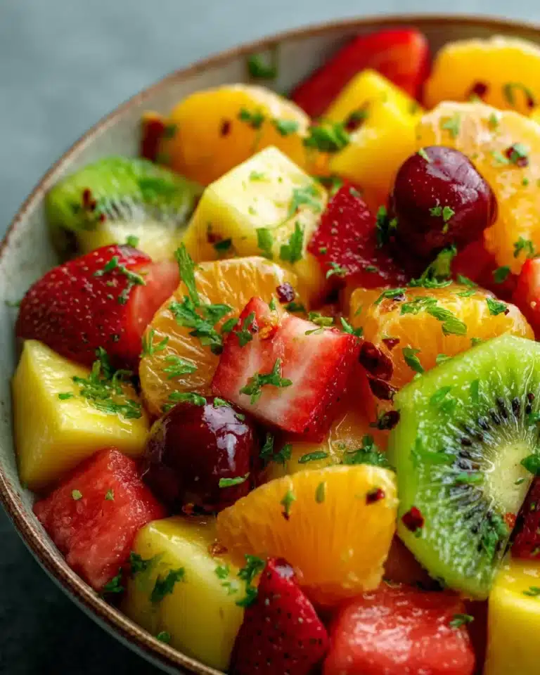 Colorful Mexican fruit salad with mango, kiwi, watermelon, and chile lime dressing