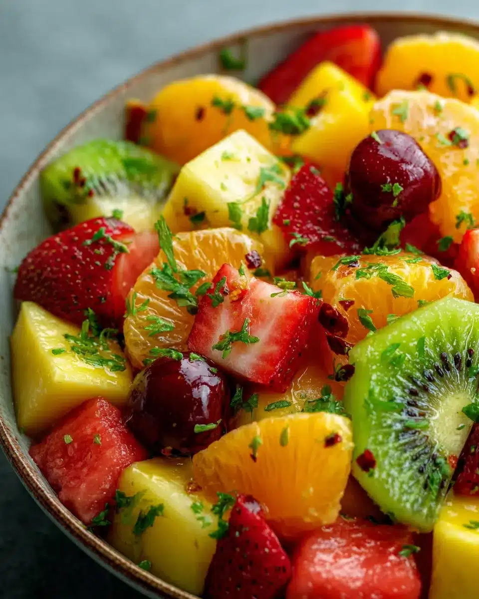 Colorful Mexican fruit salad with mango, kiwi, watermelon, and chile lime dressing