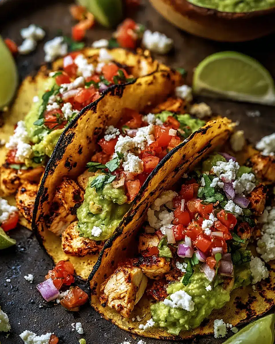 Grilled chicken street tacos with guacamole, pico de gallo, and cotija cheese