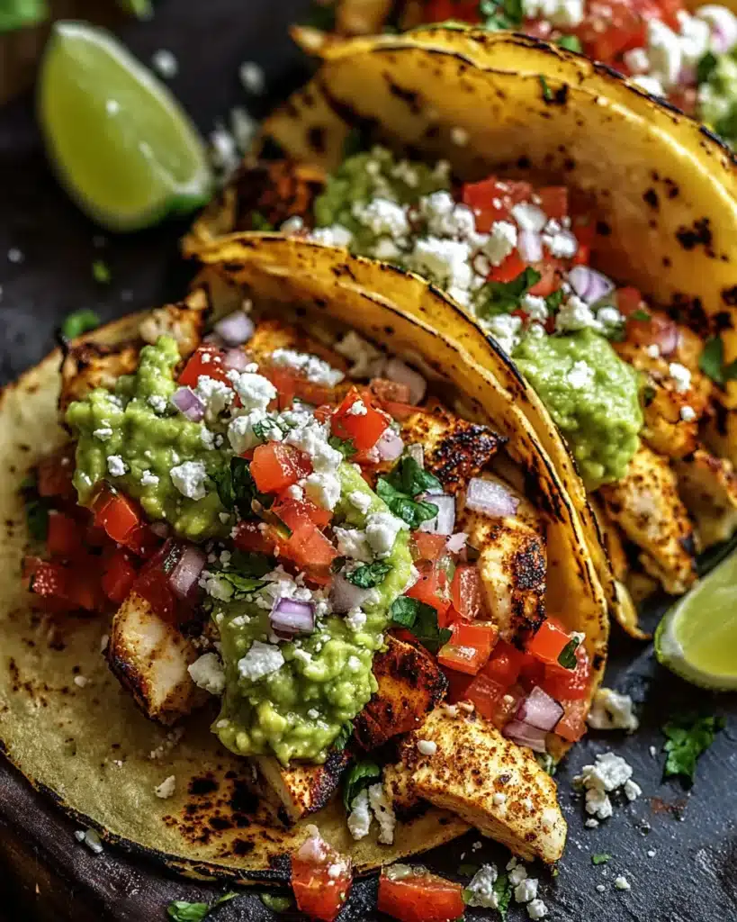 Chicken street tacos with guacamole, pico de gallo, and cotija on corn tortillas
