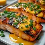 Grilled salmon fillet drizzled with spicy bang bang sauce and scallions.