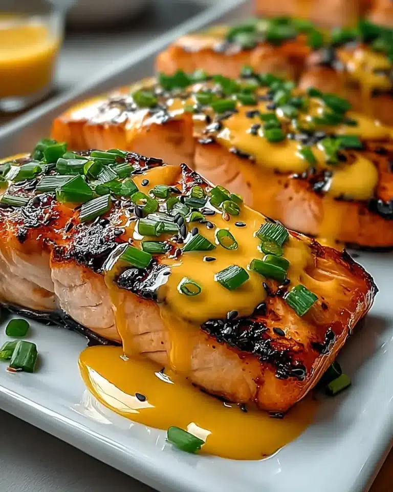 Grilled salmon fillet drizzled with spicy bang bang sauce and scallions.