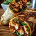 Grilled sweet chili chicken wrap with fresh salad in background