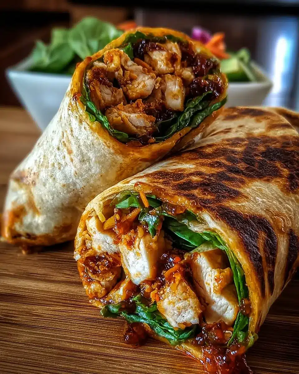 Grilled sweet chili chicken wrap with fresh salad in background
