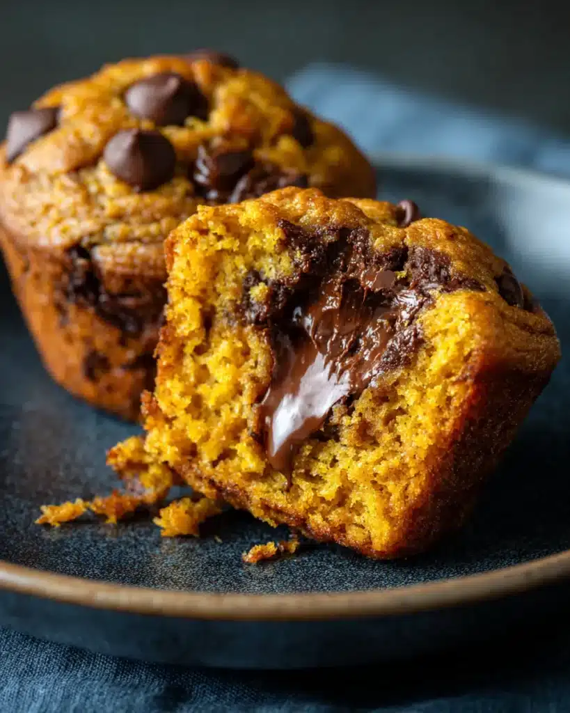 Moist pumpkin chocolate chip muffin with melted chocolate center