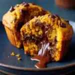Bakery-style pumpkin chocolate chip muffin split with chocolate drizzle
