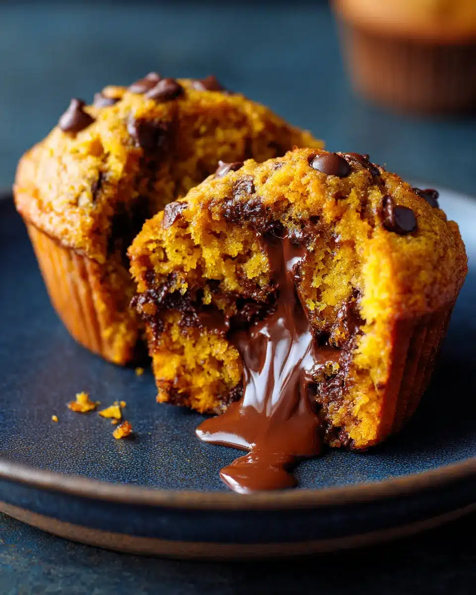 Bakery-style pumpkin chocolate chip muffin split with chocolate drizzle