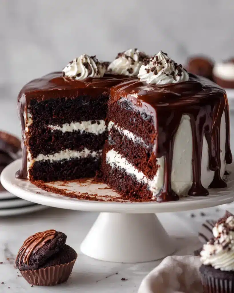Hostess Cupcake Layer Cake with marshmallow filling and dripping chocolate ganache.