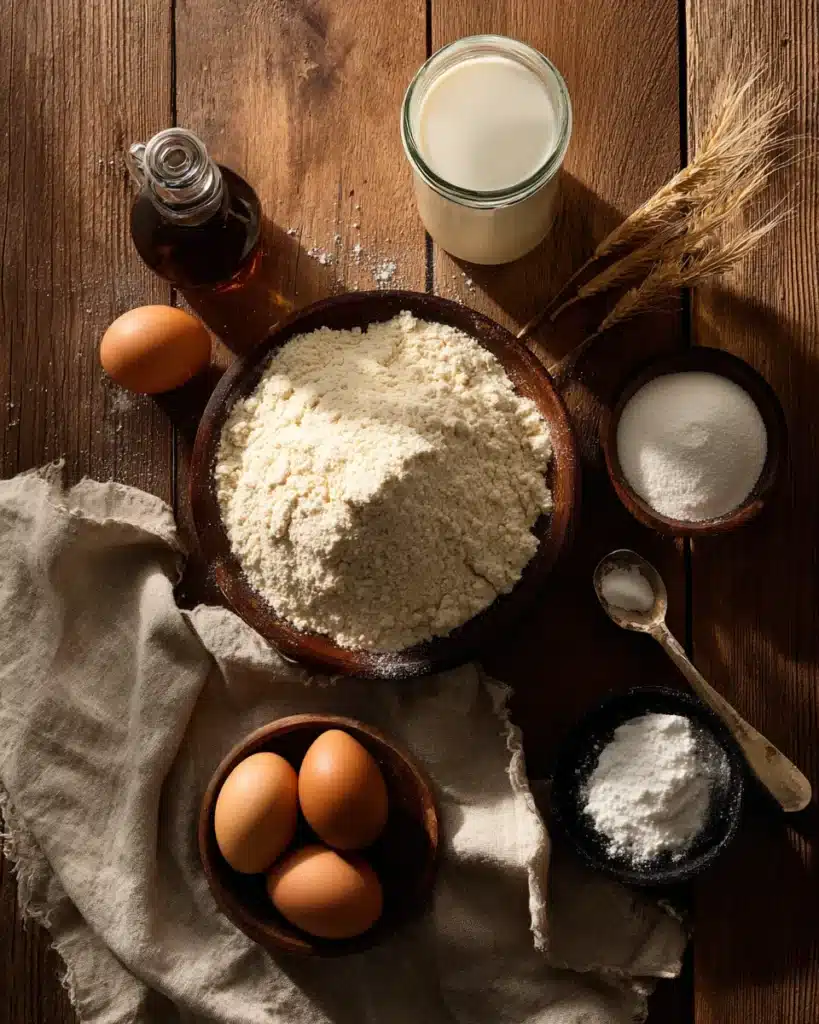 Bisquick pancake ingredients with flour, eggs, milk, sugar, and vanilla