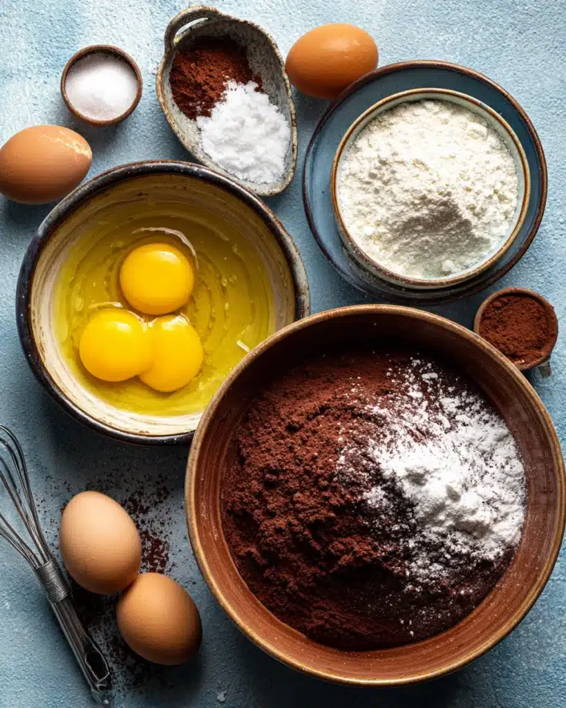 Baking ingredients for moist chocolate cake arranged in bowls