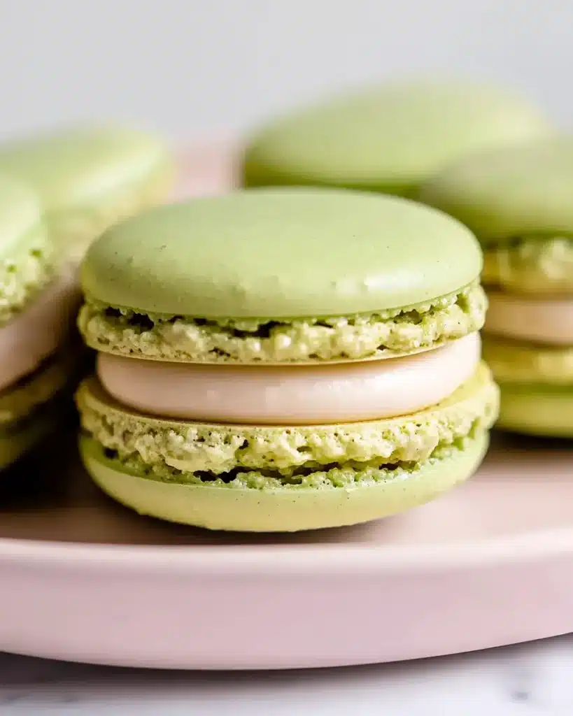 Close-up of pistachio macaron with pale cream filling
