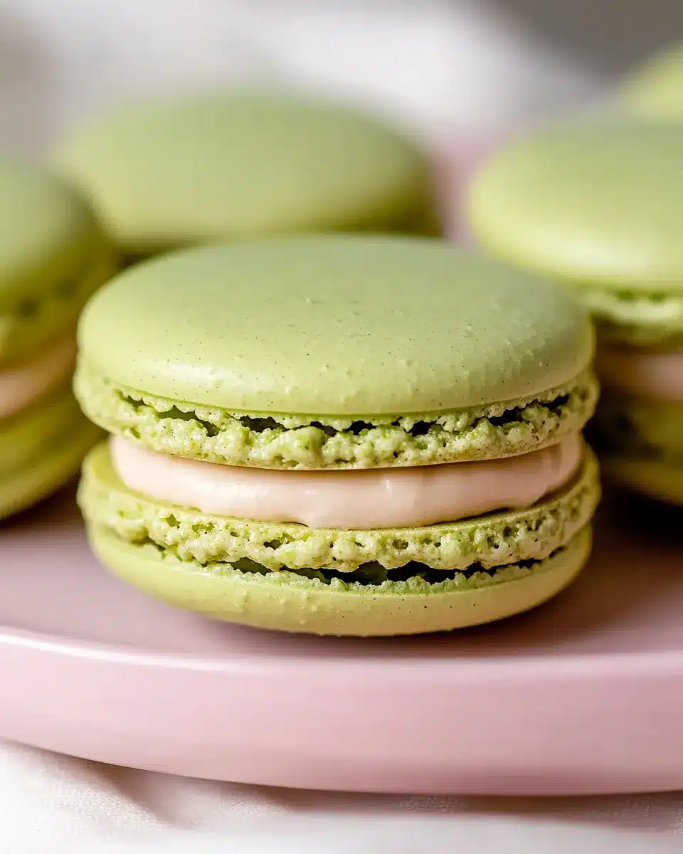 Light green pistachio macarons with creamy filling on pink plate