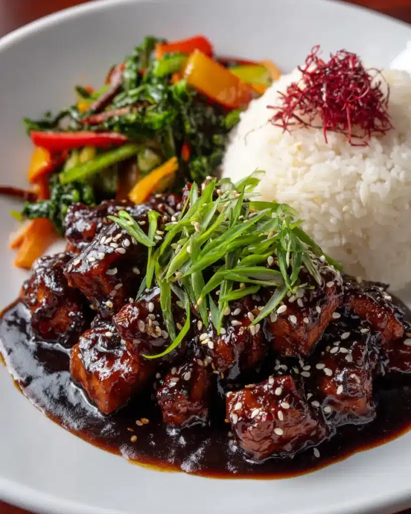 Bourbon chicken with rice and stir-fried vegetables on plate.