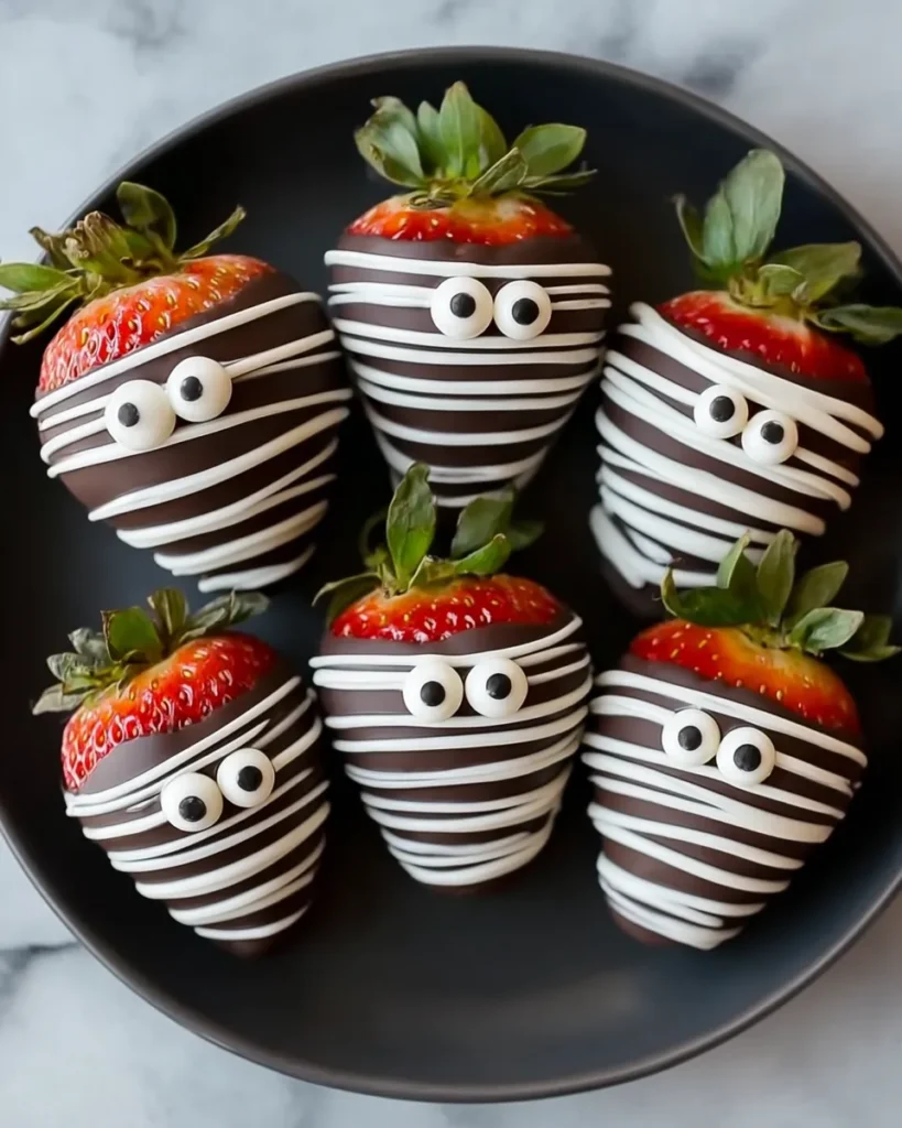 Six Halloween mummy strawberries with white chocolate drizzle