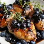 Glazed chicken thighs with blueberries and thyme on white plate