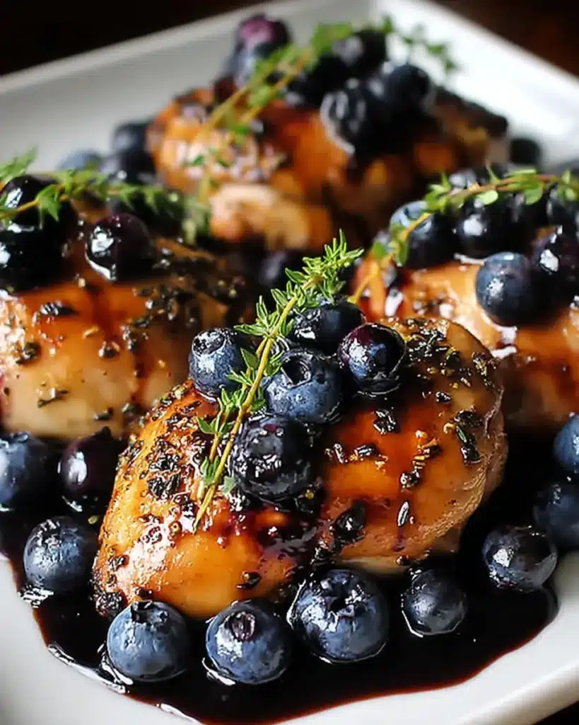 Juicy chicken with blueberry thyme balsamic glaze on white plate