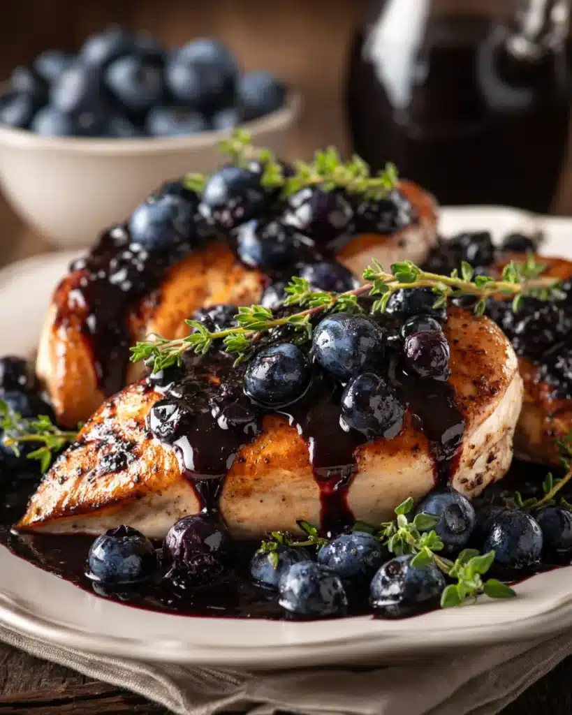Blueberry Thyme Chicken  Seared chicken breast with fresh blueberries, thyme, and balsamic glaze