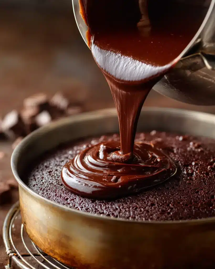 Pouring glossy chocolate frosting over moist chocolate cake