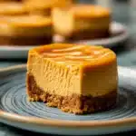 Mini pumpkin cheesecakes with caramel drizzle on blue plate