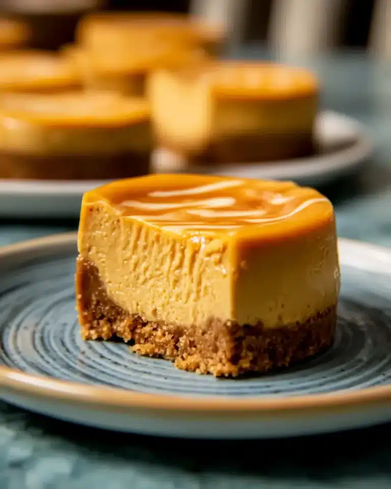 Mini pumpkin cheesecakes with caramel drizzle on blue plate