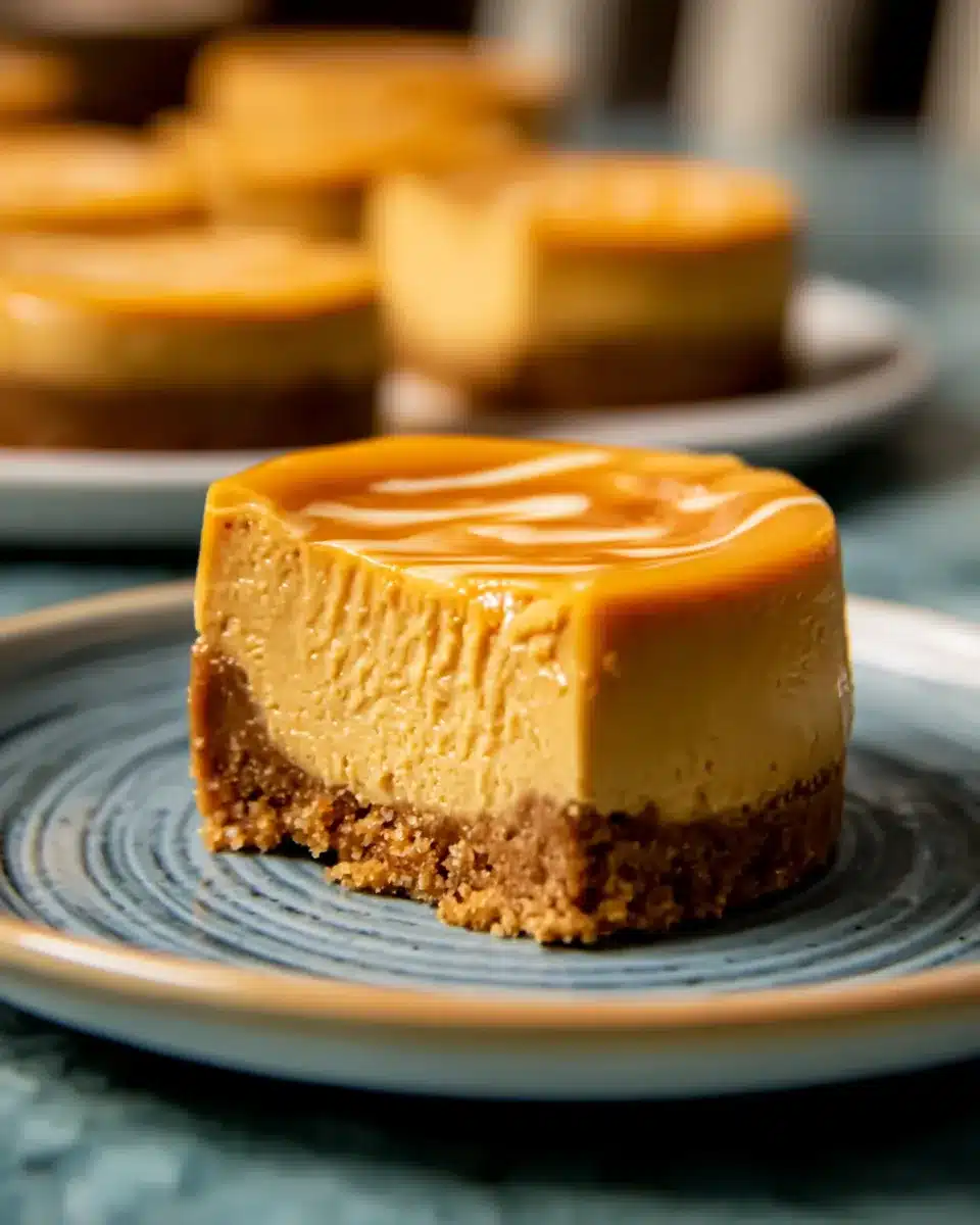 Mini pumpkin cheesecakes with caramel drizzle on blue plate