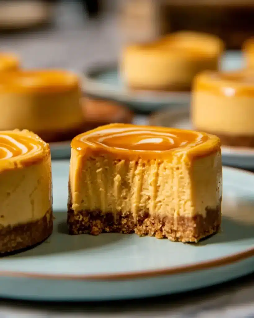 Mini pumpkin cheesecakes with graham cracker crust on a plate