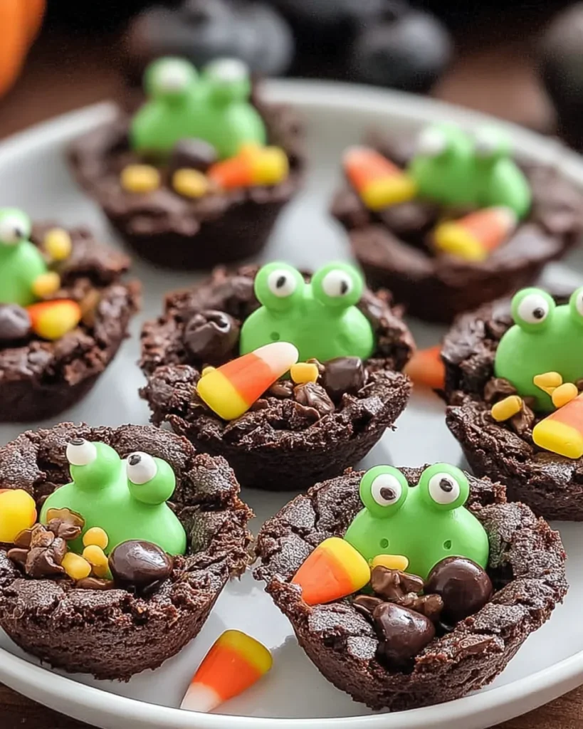 Chocolate cauldron brownie bites with candy frogs and Halloween sprinkles