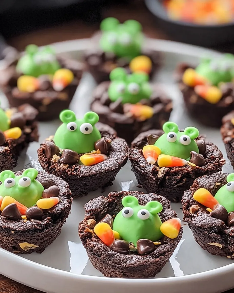 Halloween cauldron brownie bites with candy frogs and chocolate chips