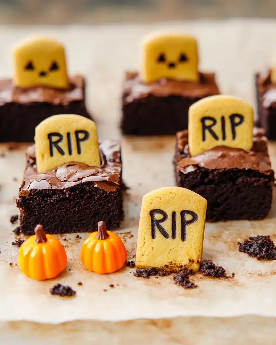 Halloween graveyard brownies with cookie tombstones and candy pumpkins on parchment paper.