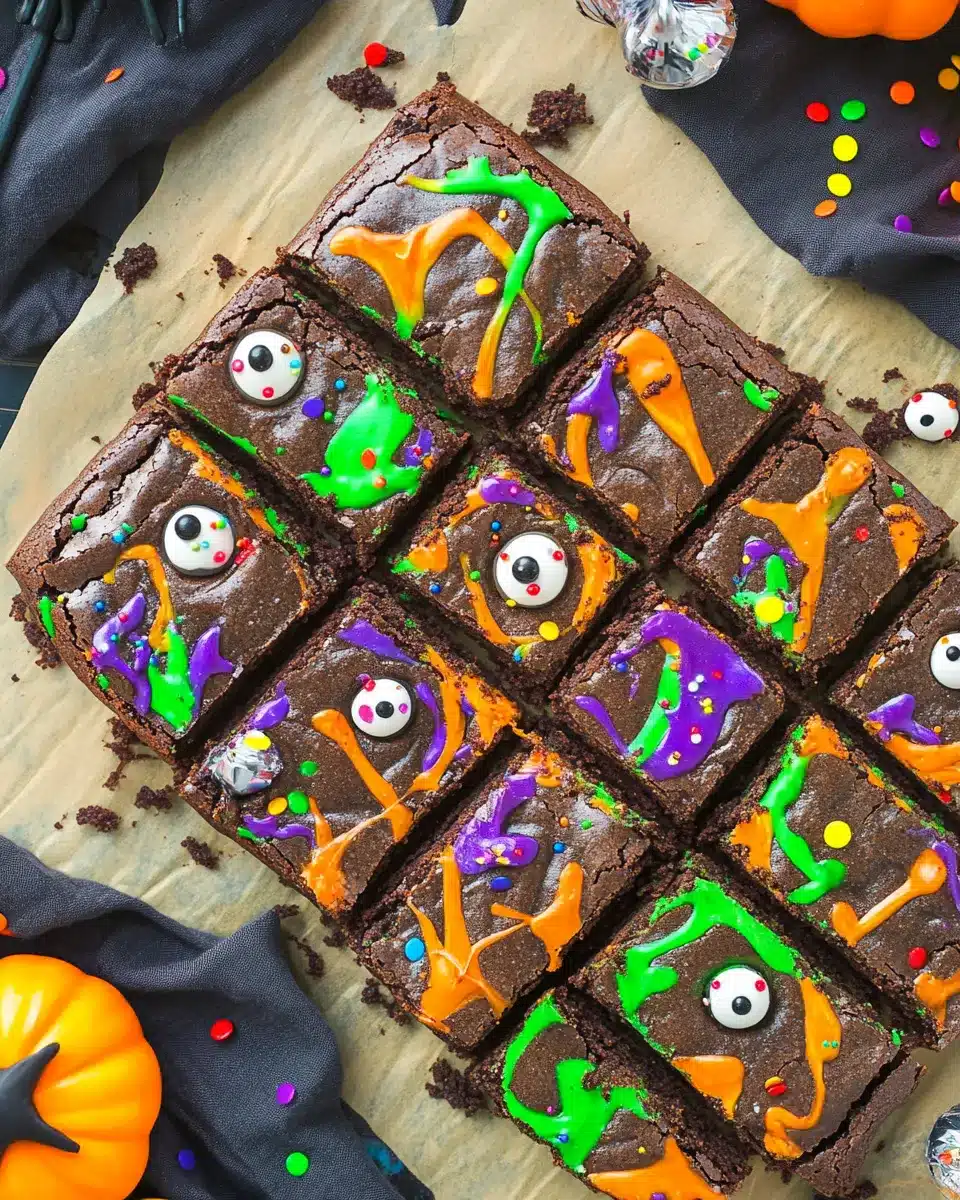 Halloween brownies with green, orange, and purple swirls topped with candy eyes