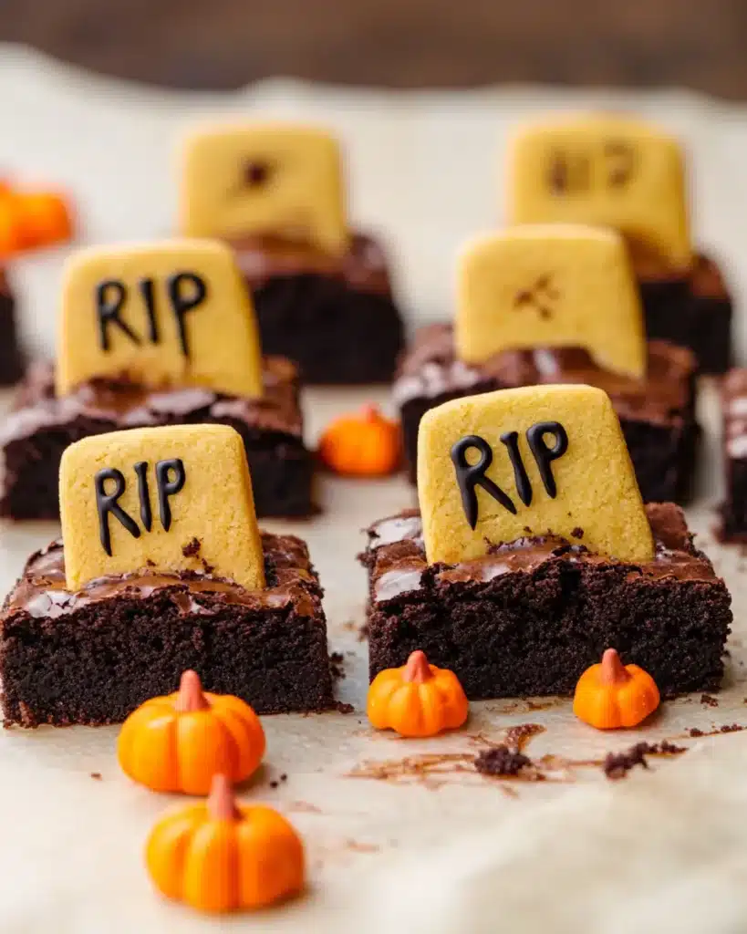 Chocolate brownies with cookie tombstones and candy pumpkins for Halloween.